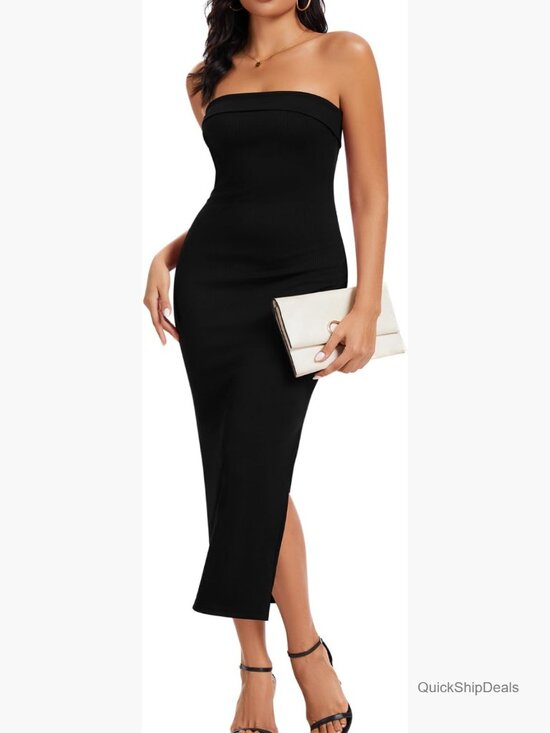 Dresses & Skirts - Ribbed Knitted Fabric Maxi Bodycon Tube Dress Strapless Side Slit Formal Party
